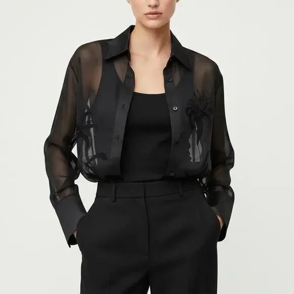 90s vintage black silk minimalist sheer organza emboidered tunic shirt blouse - Picture 10 of 10